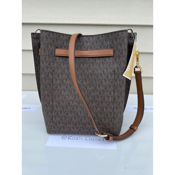 Michael Kors Bucket Bag Emilia Small Drawstring Crossbody MK Signature Brown - Picture 4 of 9